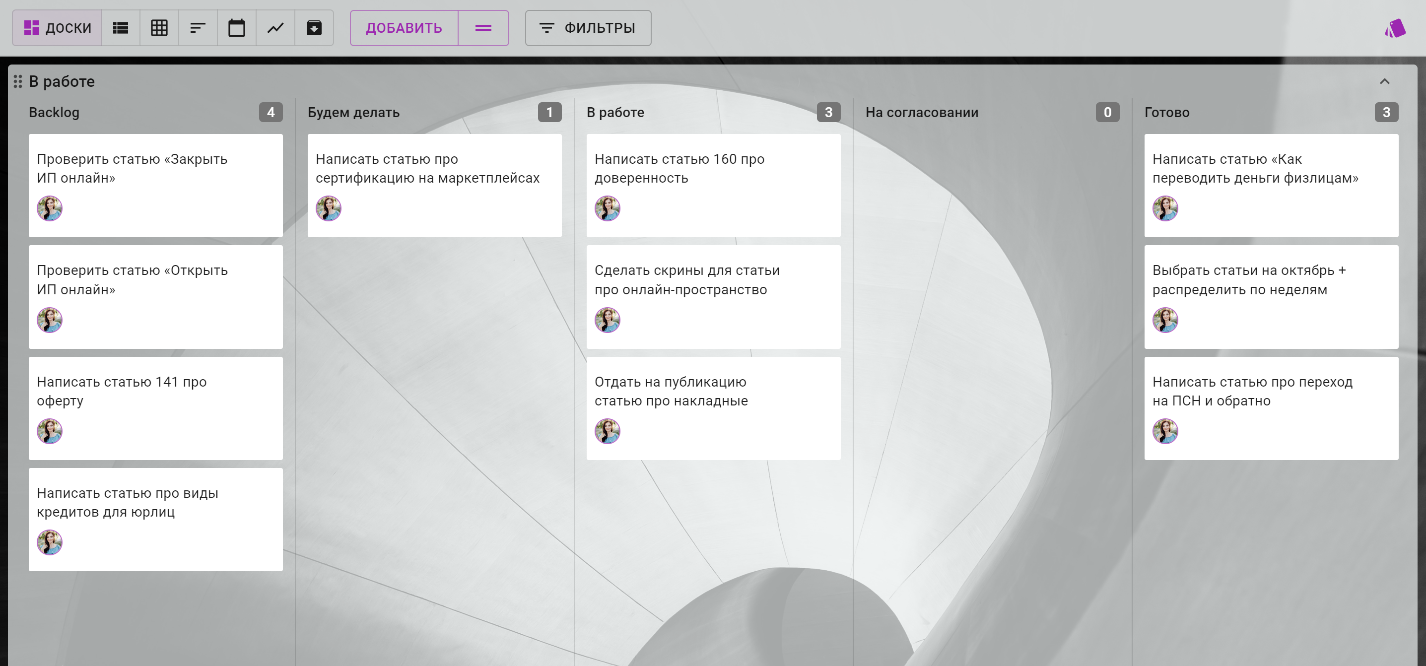 Пространство для совместной работы показывает, чем занимается сотрудник, и что уже готово